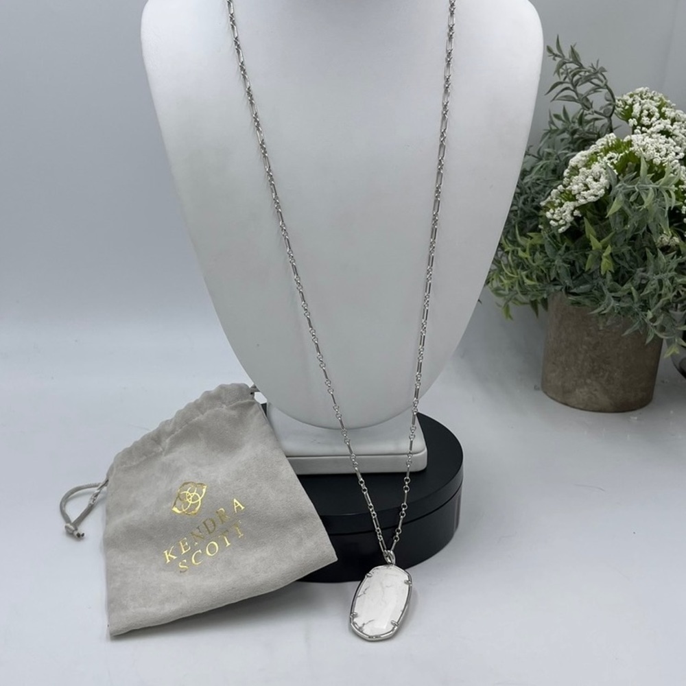 Kendra Scott Reid Rhodium‎ Plated Long Pendant Necklace Genuine White Howlite